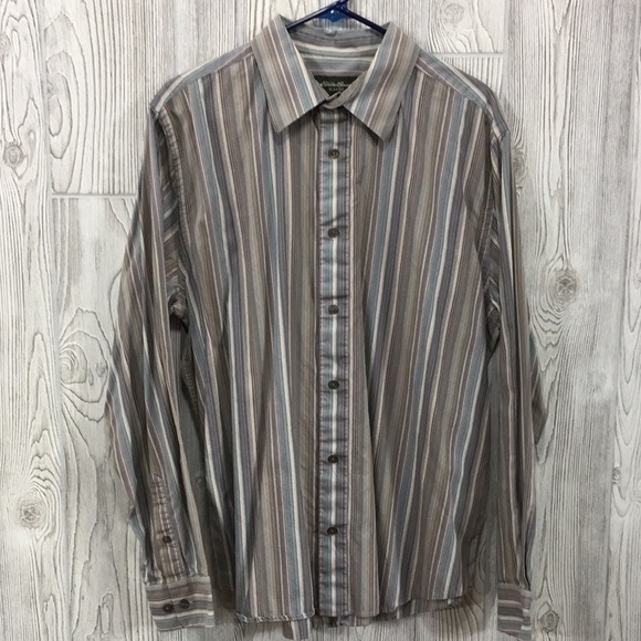 Vintage 𝅺Eddie Bauer Slim Fit Dress Shirt Striped Tan Blue - Picture 1 of 7